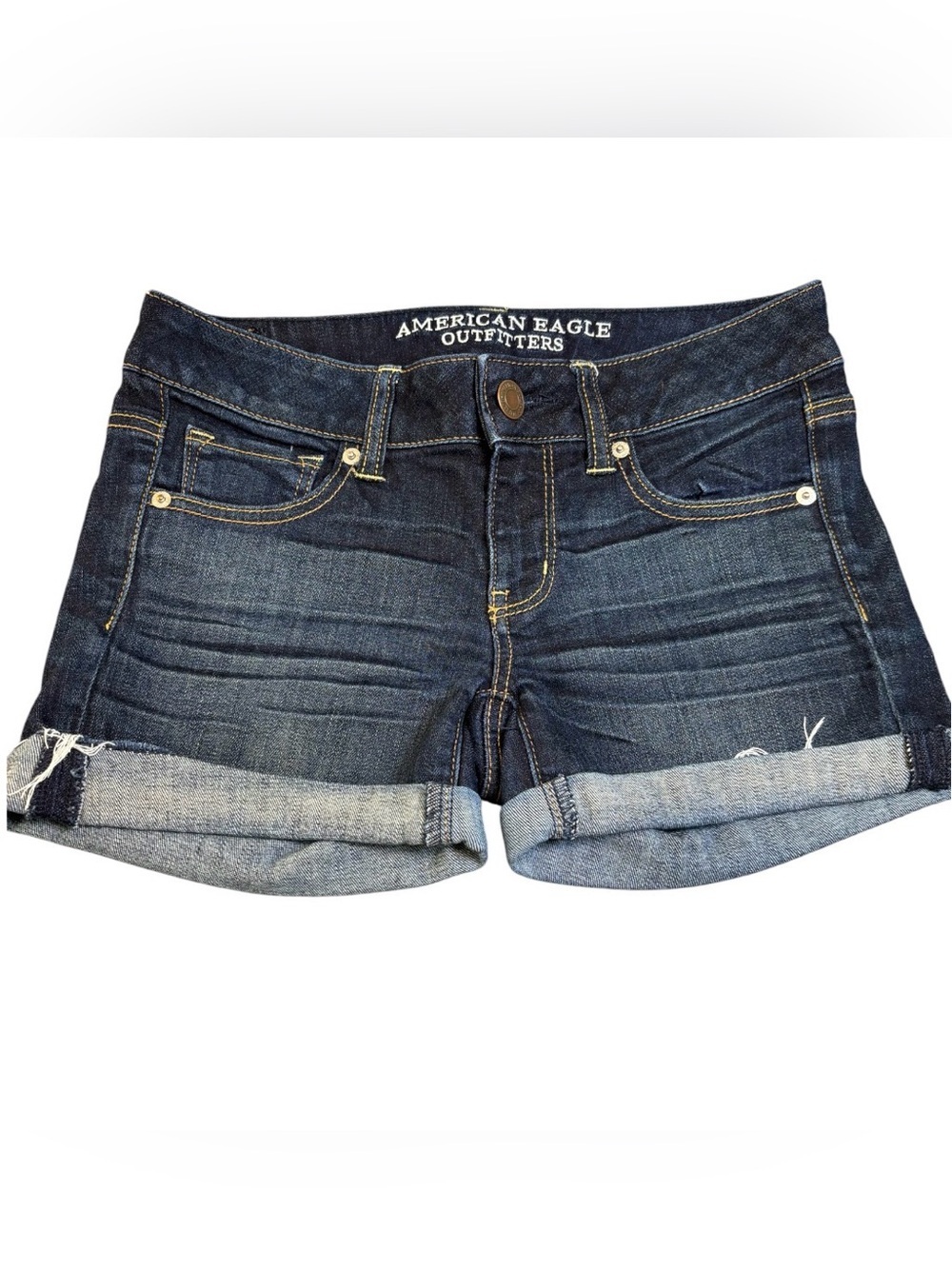 American Eagle AE Denim Cuffed Shorts Size 4 Dark Wash Low Rise Stretch 3348